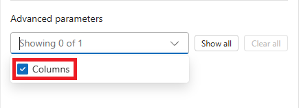 Screenshot che mostra il flusso di lavoro Standard e il parametro Columns selezionato nell'elenco Parametri avanzati.