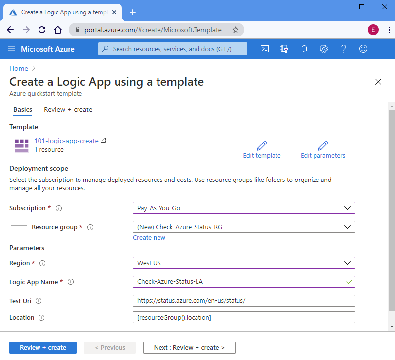 Screenshot che mostra il portale di Azure con 'Creare un'app per la logica usando un modello' proprietà e valori di esempio.