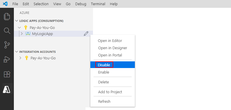 Screenshot che mostra Visual Studio Code e come disabilitare una risorsa dell'app per la logica.