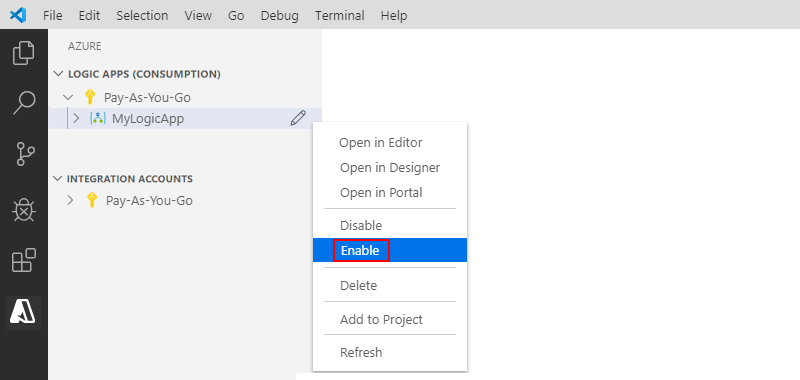 Screenshot che mostra Visual Studio Code e come abilitare una risorsa dell'app per la logica.