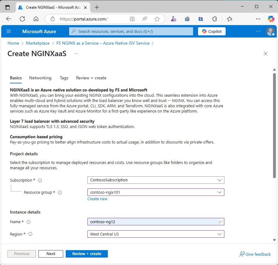 Screenshot del riquadro Informazioni di base dell'esperienza di creazione di NGINXaaS.