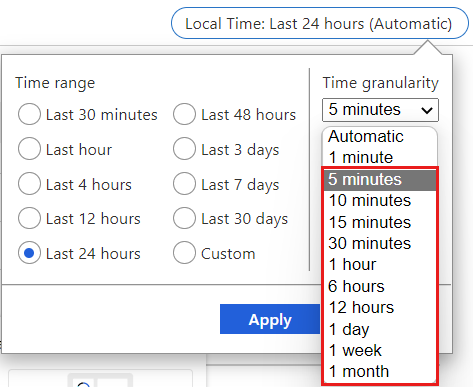 Screenshot che mostra le opzioni di granularità temporale per le metriche del Route Server.