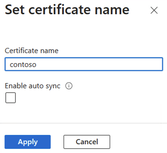 Screenshot che mostra la finestra di dialogo Imposta nome certificato del portale di Azure.