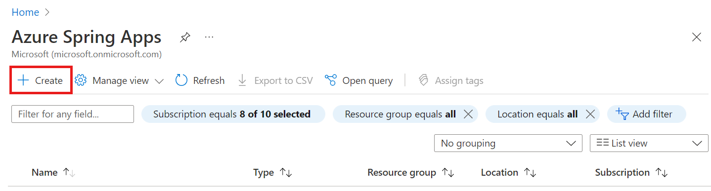 Screenshot di portale di Azure che mostra la risorsa Azure Spring Apps con il pulsante Crea evidenziato.