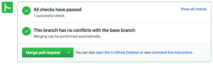 Screenshot che mostra il pulsante Merge pull request nell'interfaccia GitHub.
