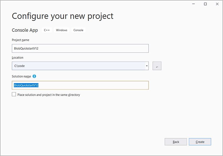 Finestra di dialogo di Visual Studio per la configurazione di una nuova app console di Windows C++