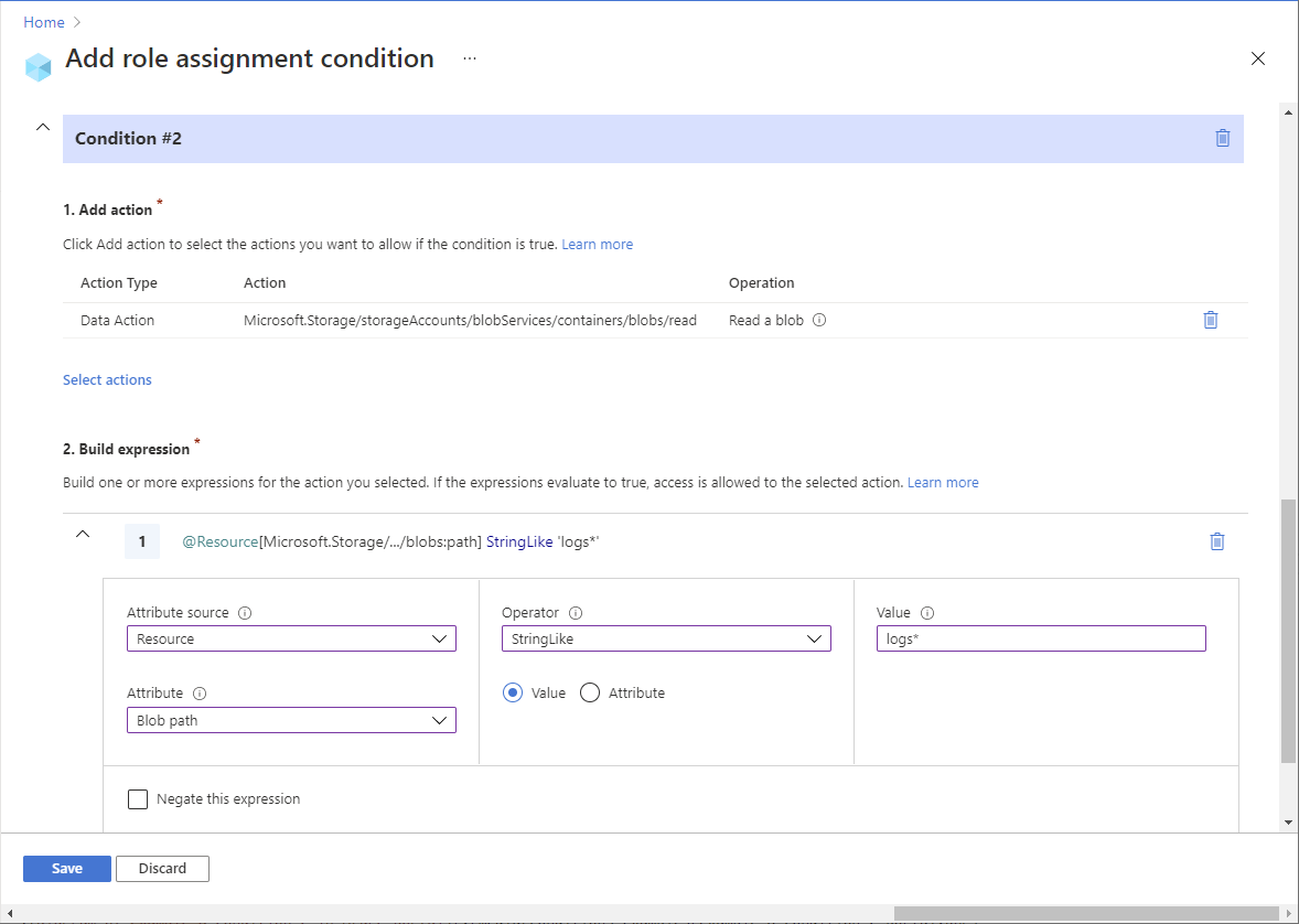 Screenshot dell'editor della condizione 2 nel portale di Azure che mostra l'accesso in lettura ai BLOB con un tag indice e un percorso del BLOB.