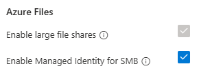 Screenshot che illustra come abilitare un'identità gestita per SMB durante la creazione di un nuovo account di archiviazione usando il Azure portal.