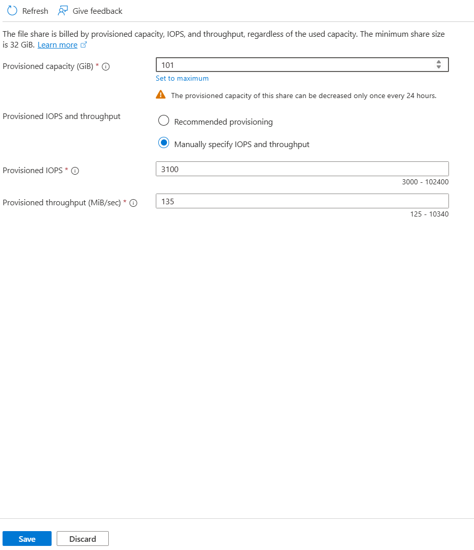 Una schermata del pulsante Salva nella finestra di dialogo Dimensioni e prestazioni per una condivisione file Microsoft.FileShares nel portale di Azure.