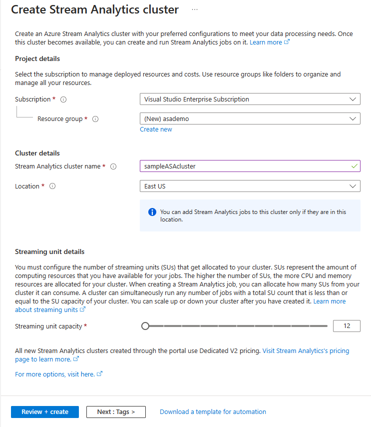 Screenshot che mostra la pagina Crea cluster Stream Analytics. 