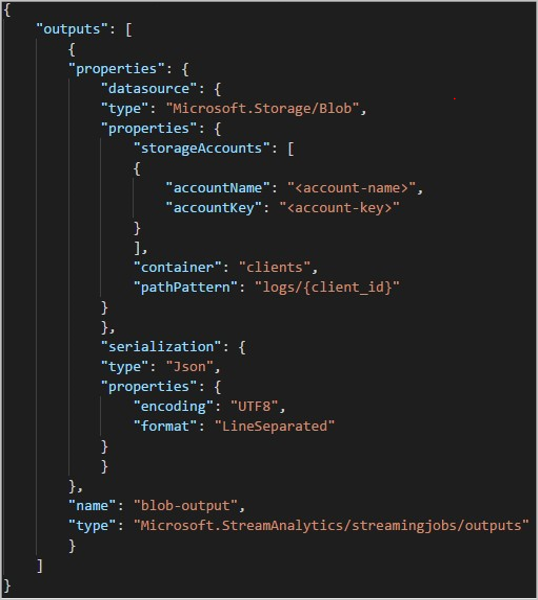 Screenshot che mostra la configurazione dell'output JSON dell'API REST per l'archiviazione BLOB.