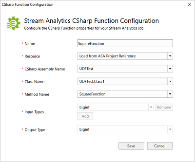 Configurazione delle funzioni C# di Stream Analytics in Visual Studio