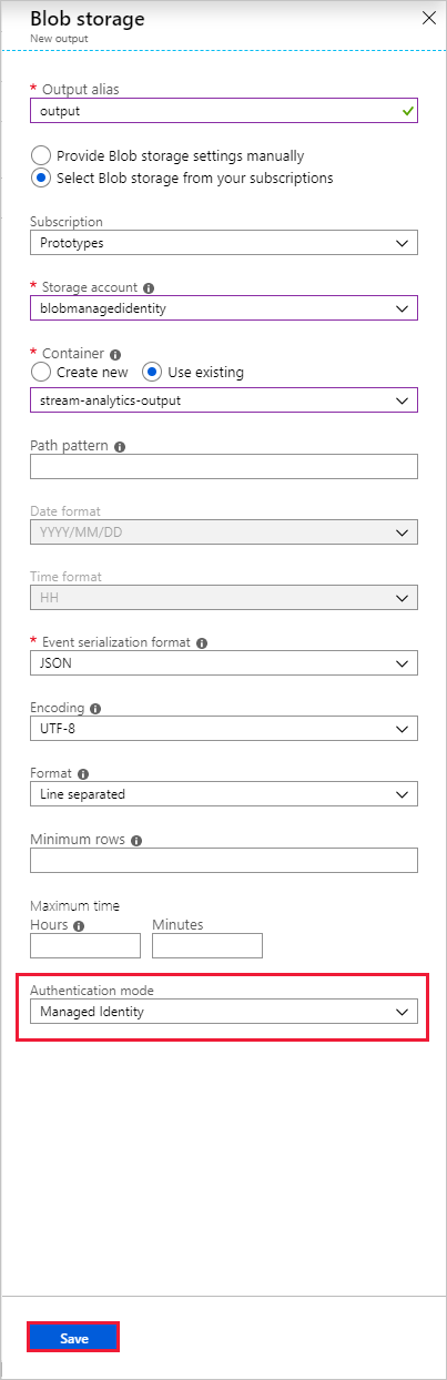 Configurare l'output Archiviazione BLOB di Azure