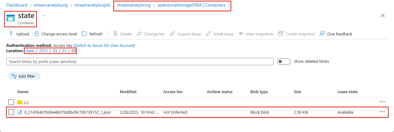 Screenshot che mostra il file di output nel contenitore BLOB Stato.