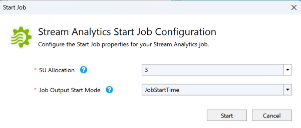 Screenshot che mostra la finestra di dialogo per la configurazione di avvio del processo di Stream Analytics.