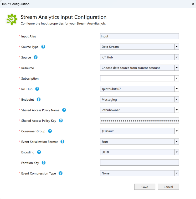 Screenshot che mostra la pagina di configurazione dell'input di Stream Analytics.