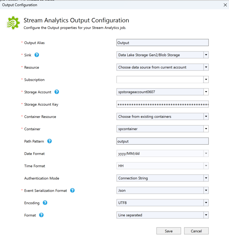 Screenshot che mostra la pagina di configurazione dell'output di Stream Analytics.