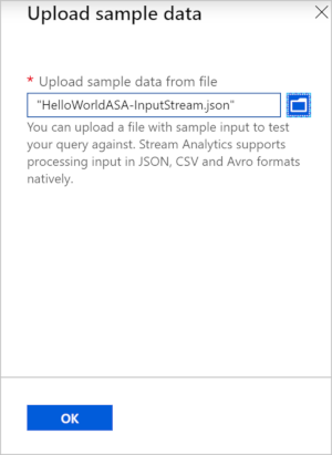 Screenshot della finestra di dialogo Carica dati di esempio in cui si seleziona un file da caricare.