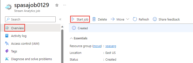 Screenshot che mostra la selezione del pulsante Avvia lavoro nella pagina Panoramica.