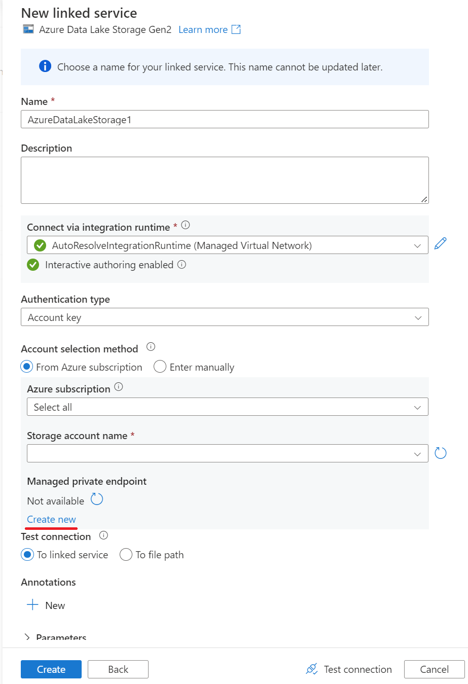 Screenshot di un nuovo endpoint privato del servizio collegato del database di Azure SQL Server 2022 1.