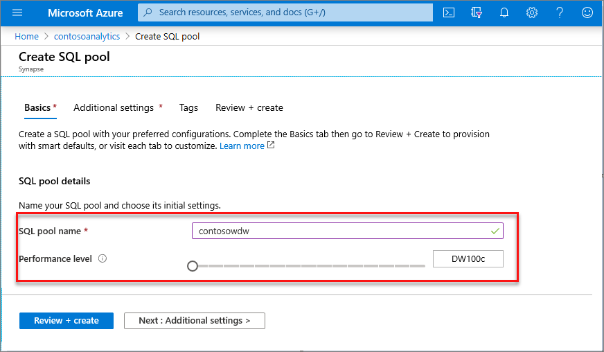 Flusso di creazione del pool SQL dedicato - Scheda Informazioni di base.