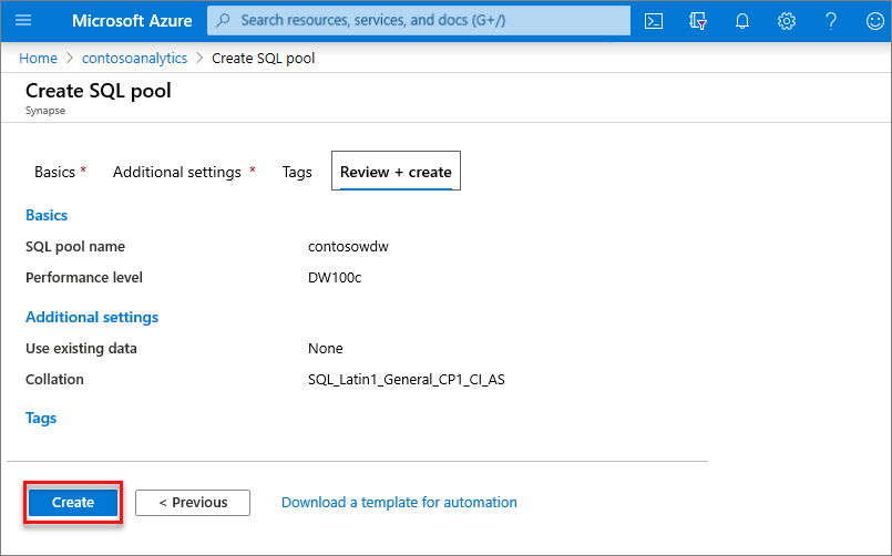 Processo di creazione del pool SQL dedicato: scheda delle impostazioni di revisione.