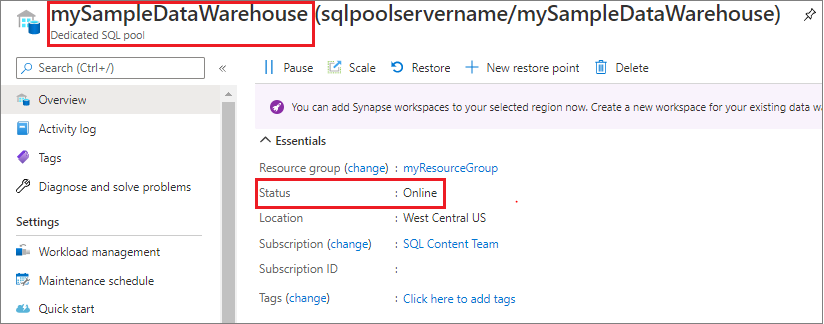 Screenshot del portale di Azure che indica che le risorse di calcolo del pool SQL dedicato sono online.