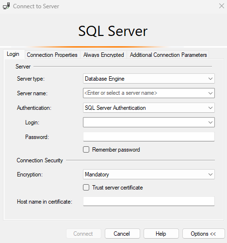 Screenshot che nostra la finestra di dialogo Connetti al server.