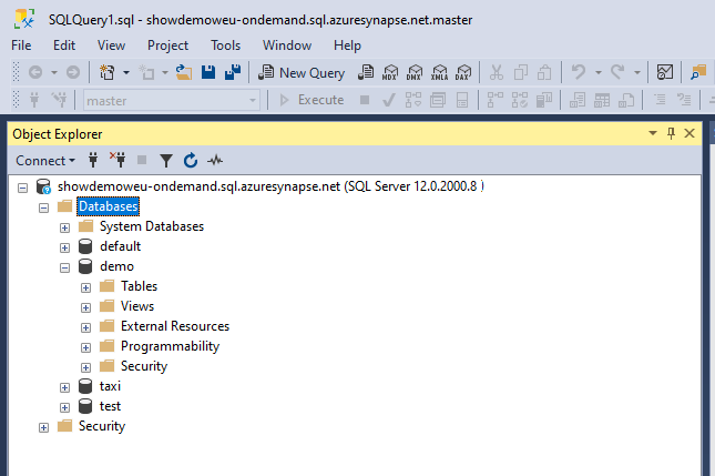 Screenshot che mostra la finestra Esplora oggetti per il pool SQL serverless.