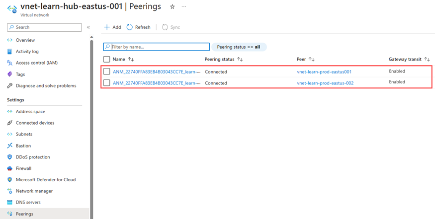 Screenshot dei peering di rete virtuale creati da Gestione rete virtuale di Azure.