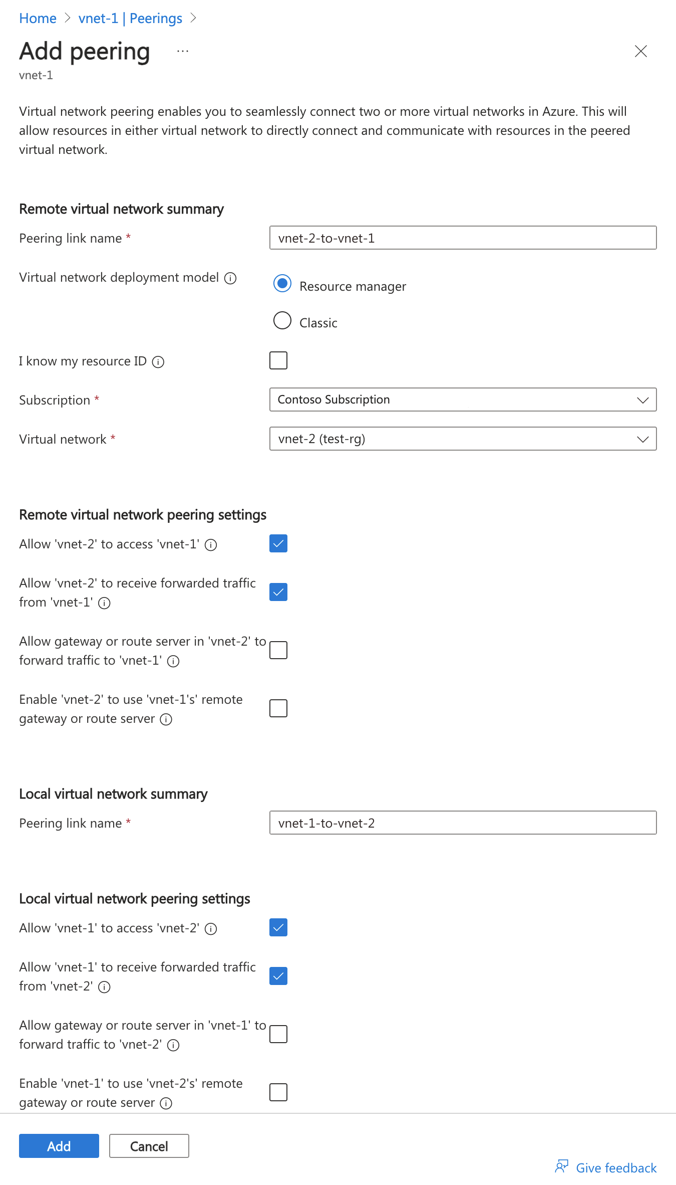 Screenshot del portale di Azure che mostra la pagina di configurazione del peering di rete virtuale.