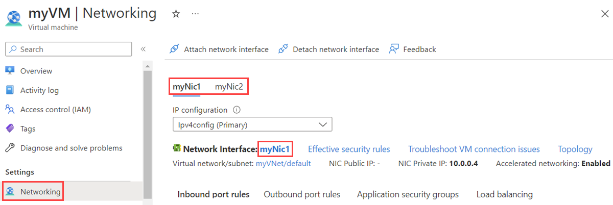 Screenshot di un'interfaccia di rete collegata a una macchina virtuale in portale di Azure.