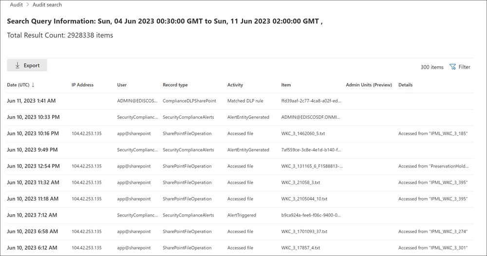 Screenshot del dashboard dei dettagli del processo di ricerca che mostra i risultati dell'attività di controllo e i dettagli della colonna in Microsoft Purview.