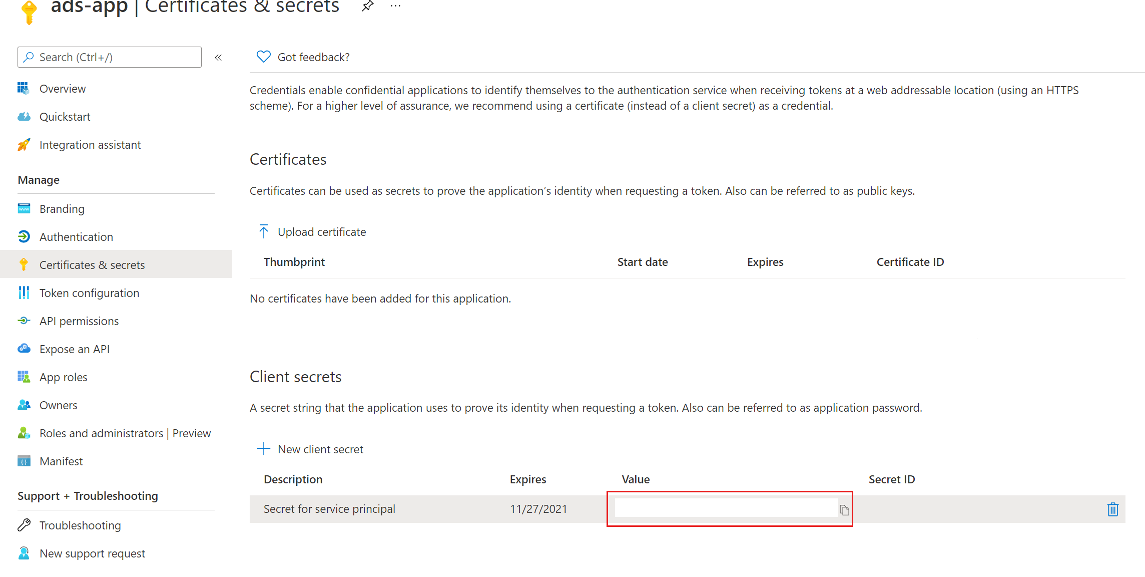 Screenshot che mostra il segreto client.