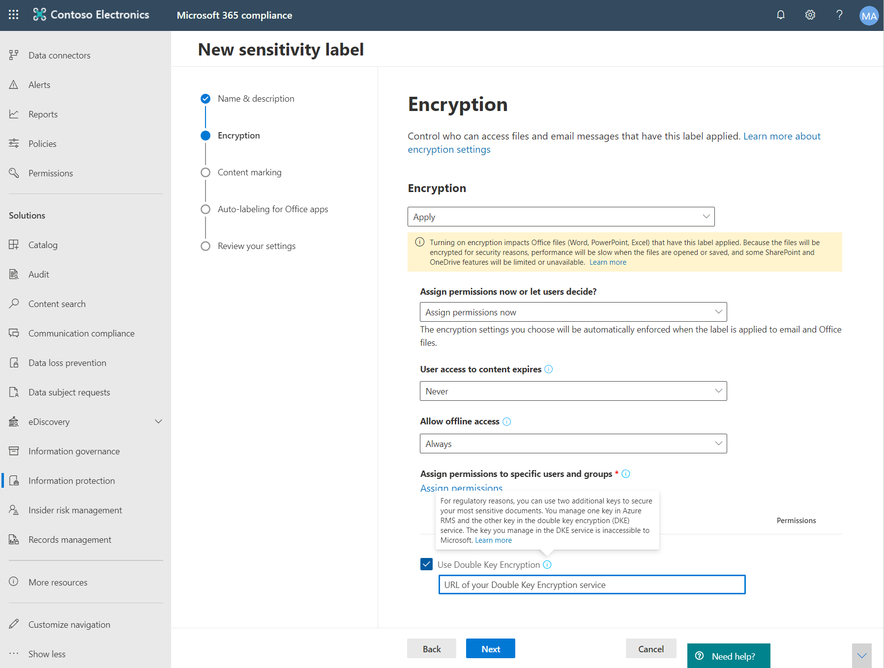 Selezionare Usa crittografia a chiave doppia nel portale di Microsoft Purview.