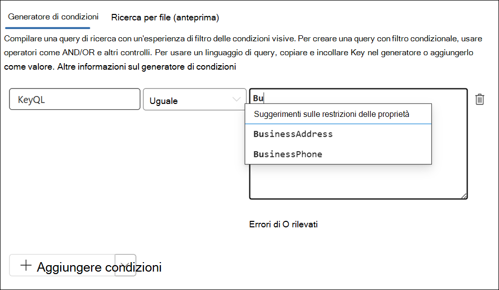 KeyQL editor suggerisce le proprietà supportate.
