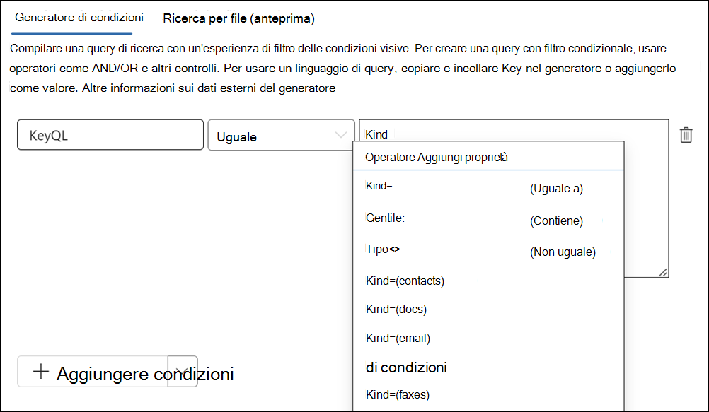 KeyQL editor suggerisce i valori per alcune proprietà.