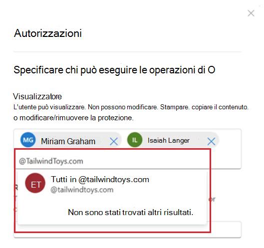 Nella finestra di dialogo Office per Il Web viene visualizzata automaticamente una voce selezionabile per tutti gli utenti dell'organizzazione quando si digita il carattere @ .