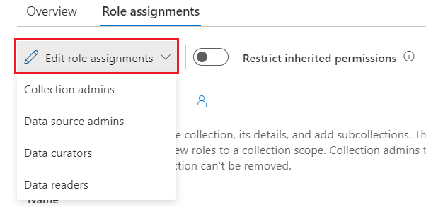 Screenshot della finestra di raccolta classica del portale di governance di Microsoft Purview, con l'elenco a discesa Modifica assegnazioni di ruolo selezionato.