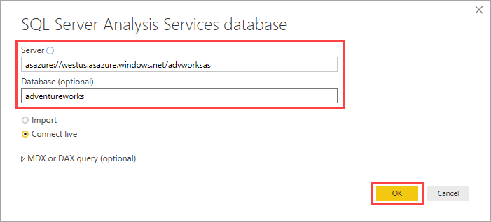 Specificare nome del server e database di modello