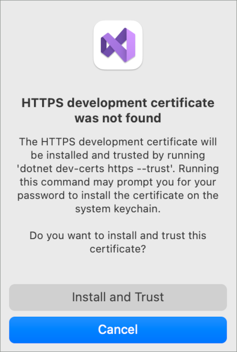 Il certificato di sviluppo HTTPS non è stato trovato. Vuoi installare e considerare attendibile il certificato?