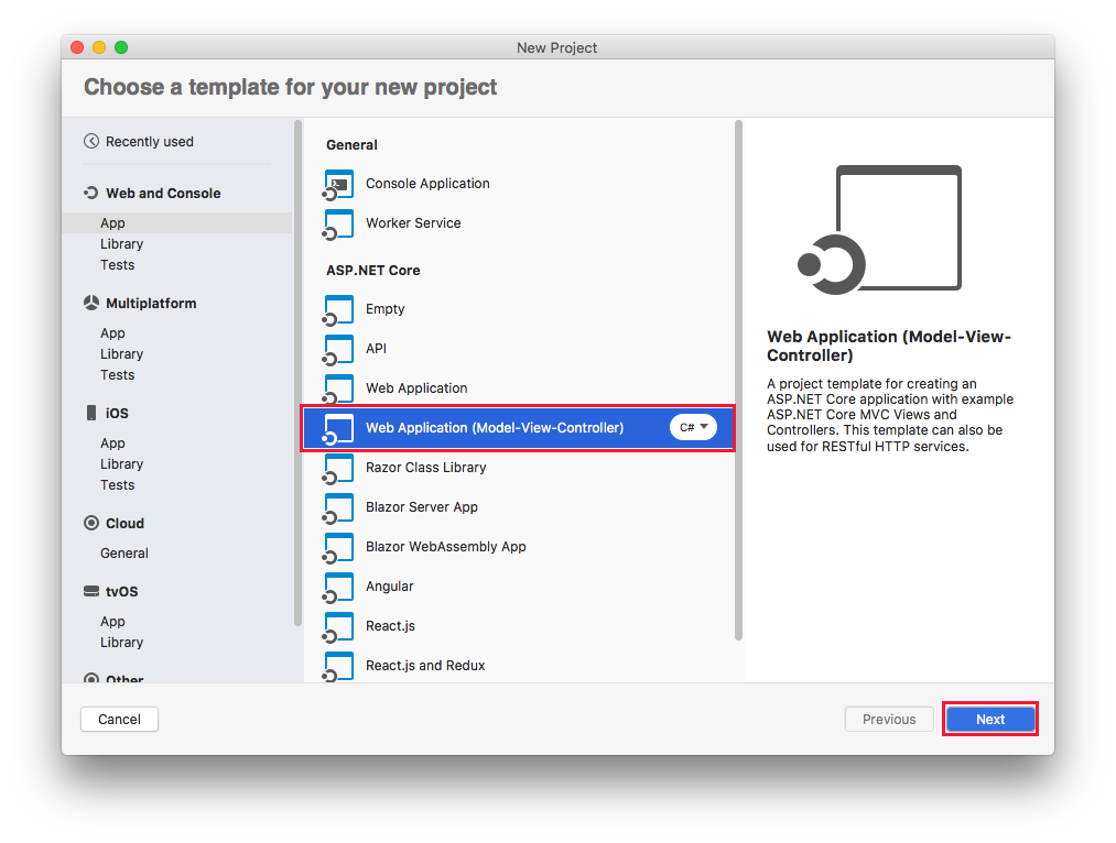 Selezione del modello di app Web macOS