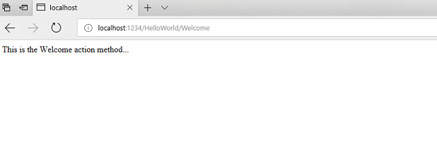 Screenshot che mostra la scheda host locale con il testo Questo è il metodo azione Welcome nella finestra.