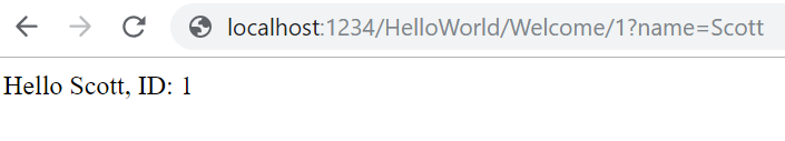 Screenshot che mostra una finestra del browser con i due punti dell'host locale U R L 1 2 3 4 barra della barra Hello World barra benvenuto barra 1 nome punto interrogativo uguale a scott. Il testo nella finestra è Hello Scott ID 1.