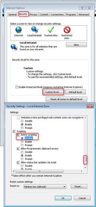 Screenshot che mostra la finestra Opzioni Internet aperta sulla scheda Sicurezza. La finestra Livello Personalizzato è aperta e lo scripting attivo risulta disabilitato.