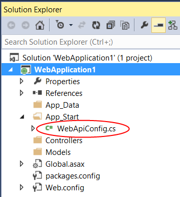 Screenshot della finestra di dialogo Esplora soluzioni con Web API Config.cs evidenziato in rosso, all'interno della cartella App_Start.