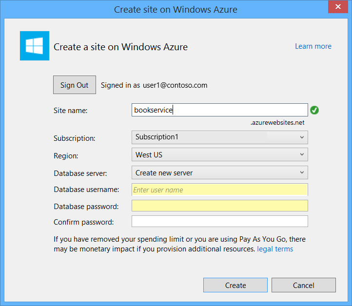 Screenshot della finestra di dialogo Crea sito in Windows Azure con i campi Nome utente database e Password database evidenziati in giallo.