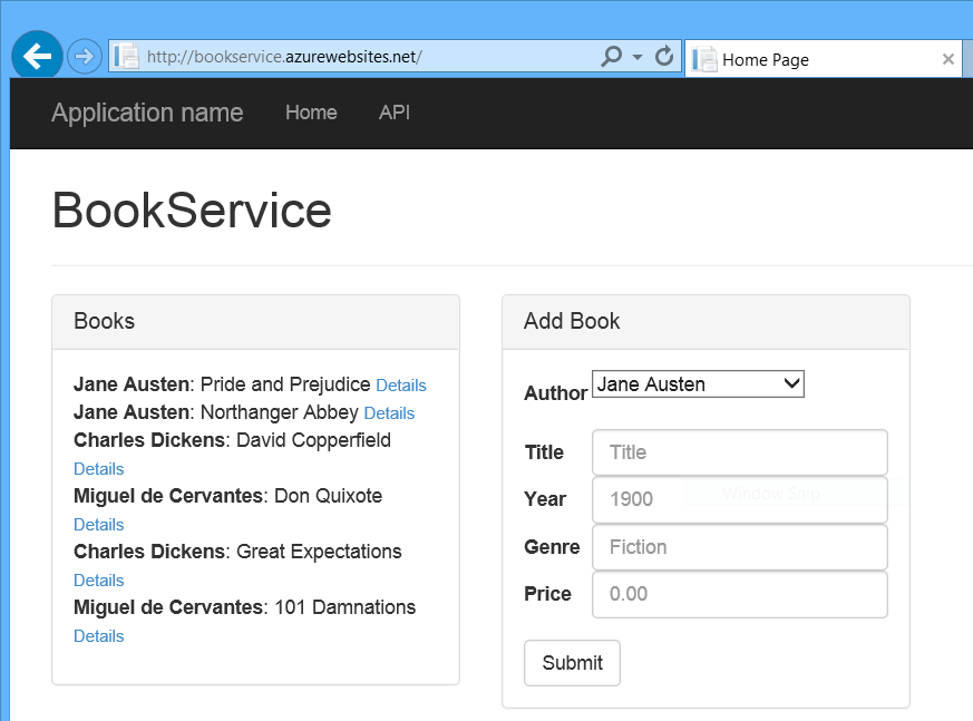 Screenshot della finestra del browser che mostra il sito Web del servizio Libri appena distribuito e un elenco di libri e autori con collegamenti ai dettagli.