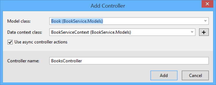 Screenshot della finestra Aggiungi controller con la classe modello Book selezionata nell'elenco a discesa Classe modello.