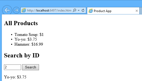 Screenshot della finestra del browser host locale, che mostra il progetto di esempio con un elenco di prodotti, i relativi prezzi e una ricerca tramite campo ID e pulsante.